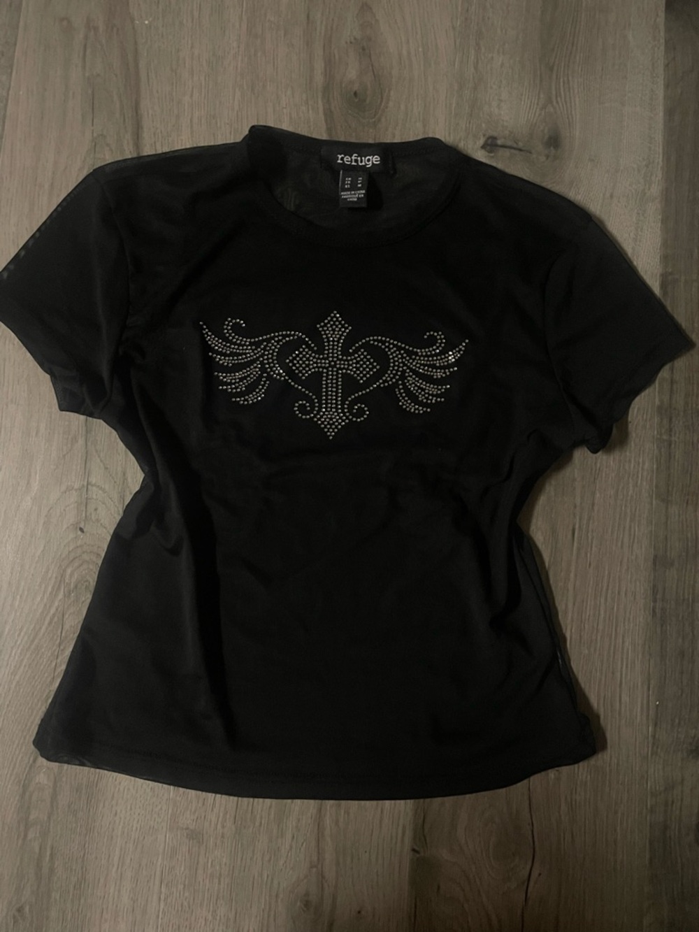 Refuge Black Rhinestone Detail Short Mesh Sleeve Tee